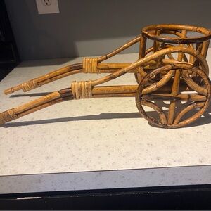 Vintage Style Rattan Wheel Cart Accent in Golden Brown